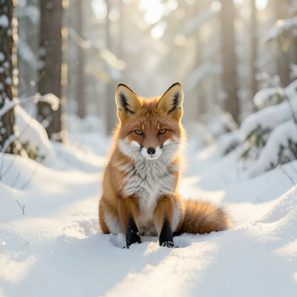 A red fox sitting in fresh snow