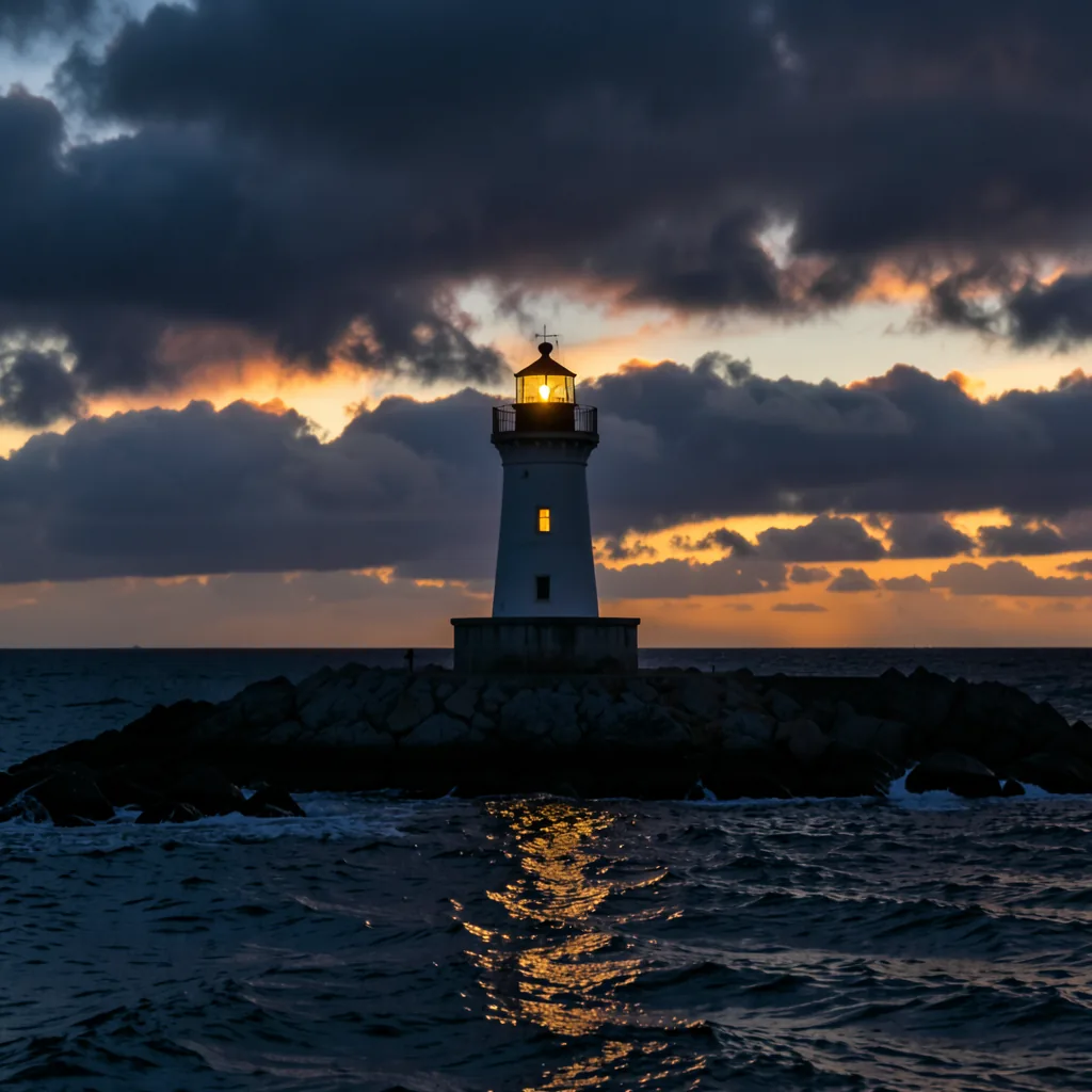 A lighthouse on a stone pier at dusk