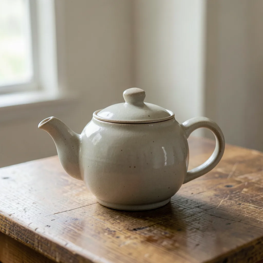 A stoneware teapot by a window